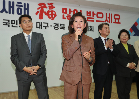지난 1월2일 오후 국민의힘 대구시당에서 열린 2023년 국민의힘 대구·경북 신년교례회에서 나경원(왼쪽 두번째) 저출산고령사회위원회 부위원장이 당원들에게 인사하고 있다.<연합뉴스>